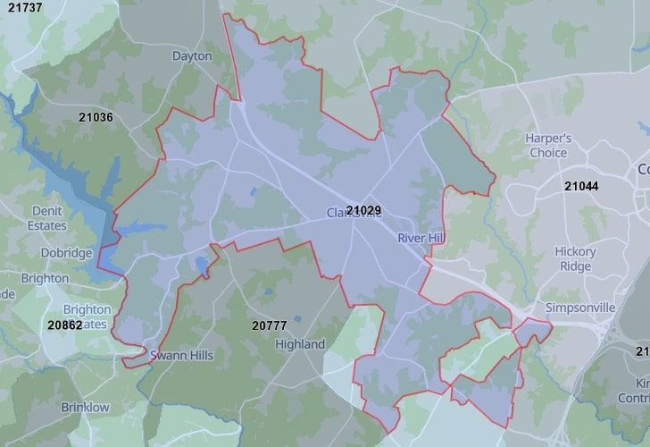 A Map Of Columbia, Howard County, MD, Highlighting The 21029 Zip Code.