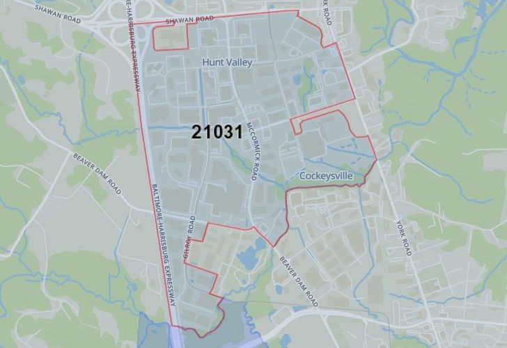 Focused Map View On Cockeysville, MD, Featuring Zip Code 21031.