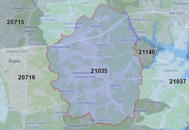 Davidsonville, Maryland Map With A Central Spotlight On 21035 Zip.