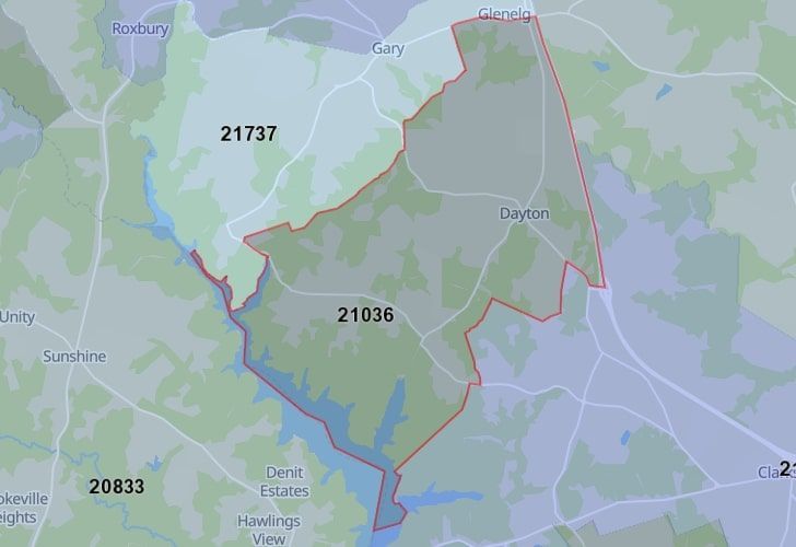 A Map Of Dayton, Howard County, MD, Highlighting The 21036 Zip Code.