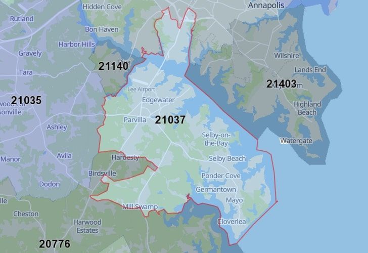 Edgewater, Maryland Map With A Central Spotlight On 21037 Zip.