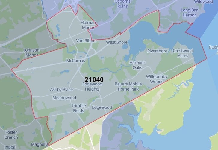 A Map Of Edgewood, Harford County, MD, Showing The Location Of Zip Code 21040.