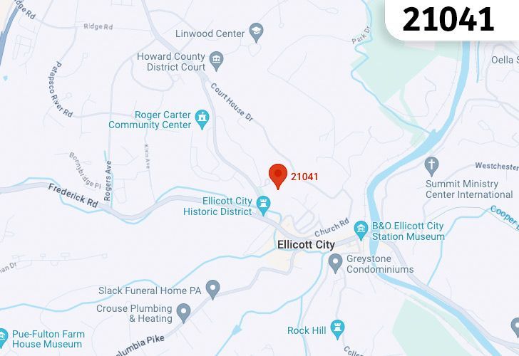 A Map Of Ellicott City, Howard County, MD, Highlighting The 21041 Zip Code.