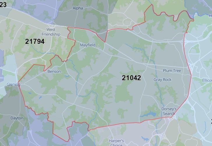 A Map Of West Friendship, Howard County, MD, Highlighting The 21042 Zip Code.
