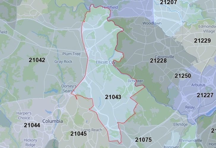 A Map Of Elkridge, Howard County, MD, Highlighting The 21043 Zip Code.