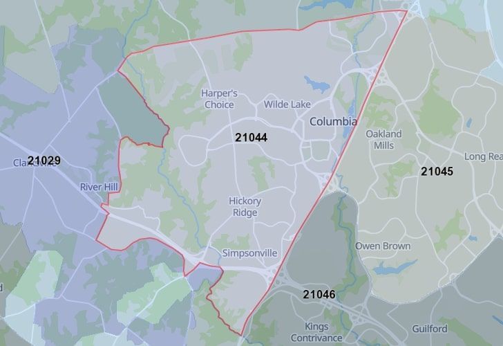 A Map Of Columbia, Howard County, MD, Highlighting The 21044 Zip Code.