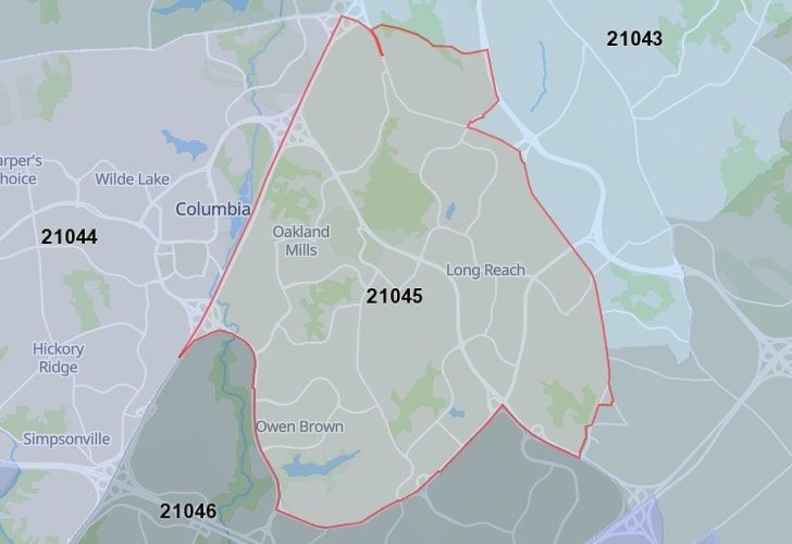 A Map Of Columbia, Howard County, MD, Highlighting The 21045 Zip Code.