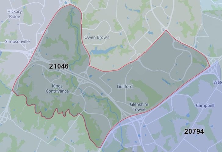 A Map Of Columbia, Howard County, MD, Highlighting The 21046 Zip Code.