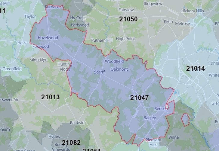 A Map Of Fallston, Harford County, MD, Showing The Location Of Zip Code 21047.