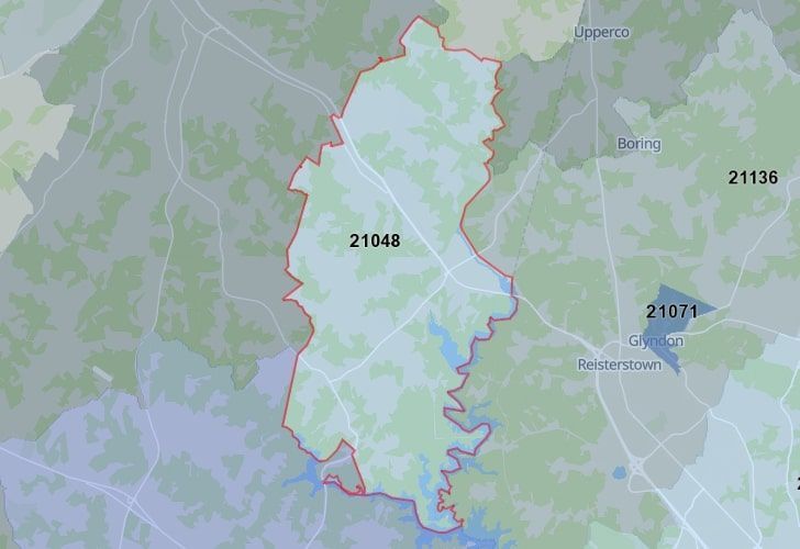 Finksburg, Carroll County, MD, Map Featuring 21048 Area Code.