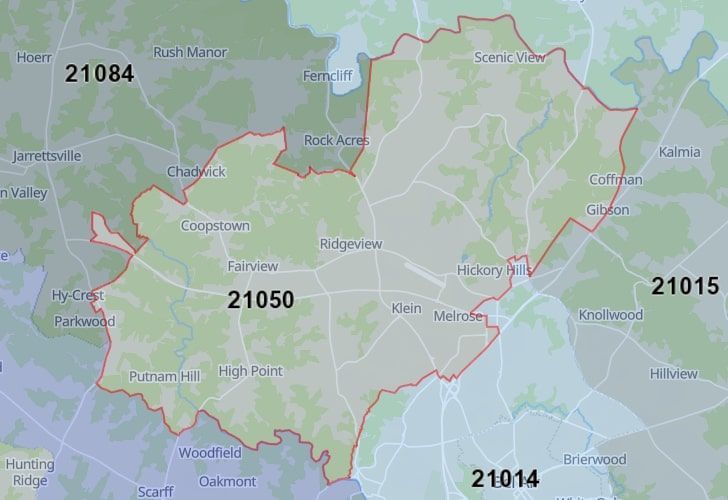 A Map Of Jarrettsville, Harford County, MD, Showing The Location Of Zip Code 21050.