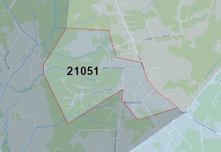 Focused Map View On Fork, MD, Featuring Zip Code 21051.