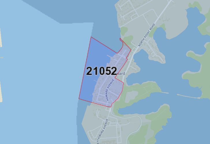Focused Map View On Edgemere, MD, Featuring Zip Code 21052.