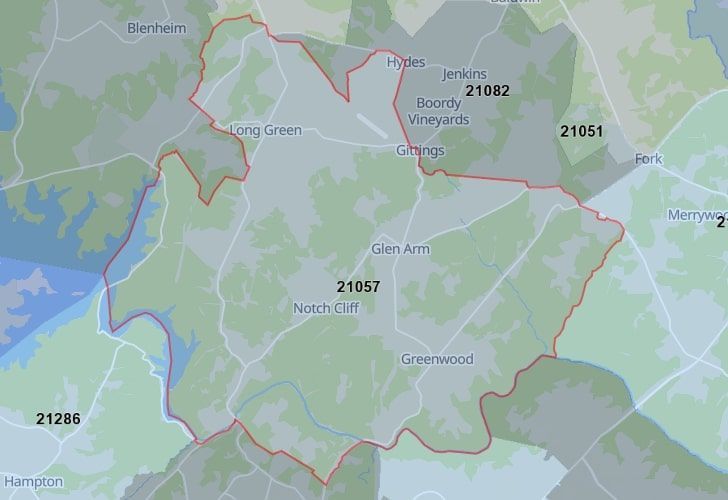 Focused Map View On Glen Arm, MD, Featuring Zip Code 21057.