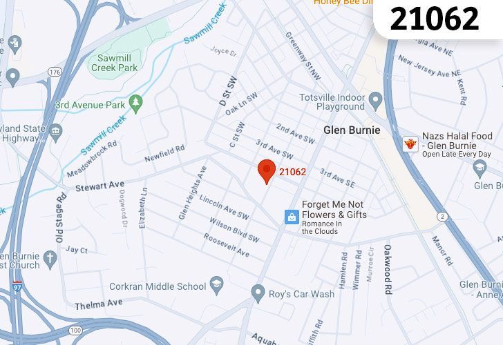 Glen Burnie, Maryland Map With A Central Spotlight On 21062 Zip.