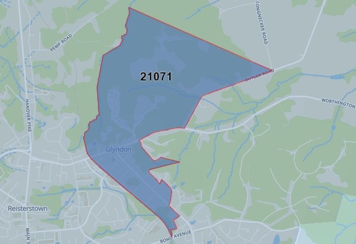 Focused Map View On Glyndon, MD, Featuring Zip Code 21071.