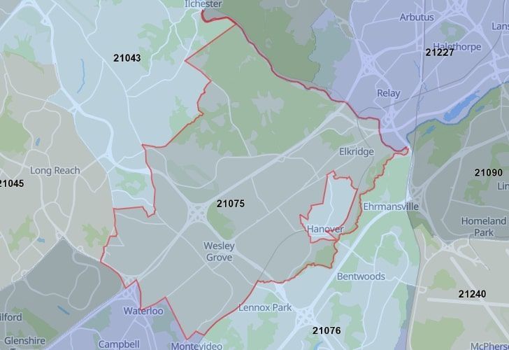 A Map Of Columbia, Howard County, MD, Highlighting The 21075 Zip Code.