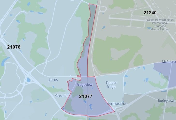 Severn, Maryland Map With A Central Spotlight On 21077 Zip.