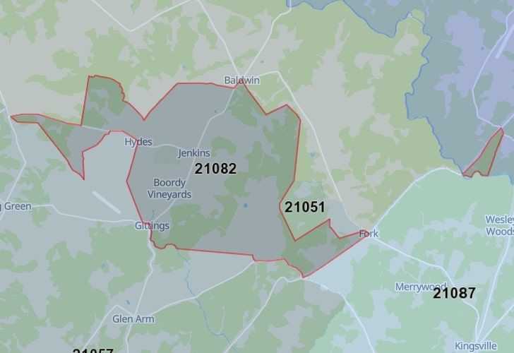 Focused Map View On Fork, MD, Featuring Zip Code 21082.