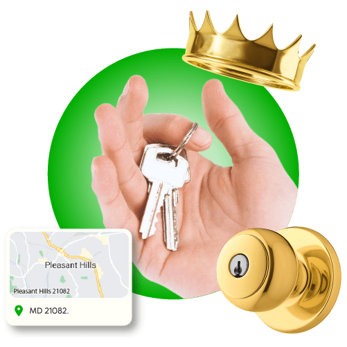 Locksmith's Hand Holding Keys Next To A Gold Crown, A Brass Keyed Entry Knob, And A Framed Map Of Pleasant Hills, Zip Code 21082, In Harford County.