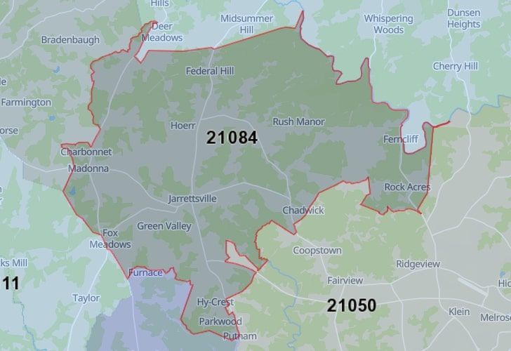 A Map Of Jarrettsville, Harford County, MD, Showing The Location Of Zip Code 21084.