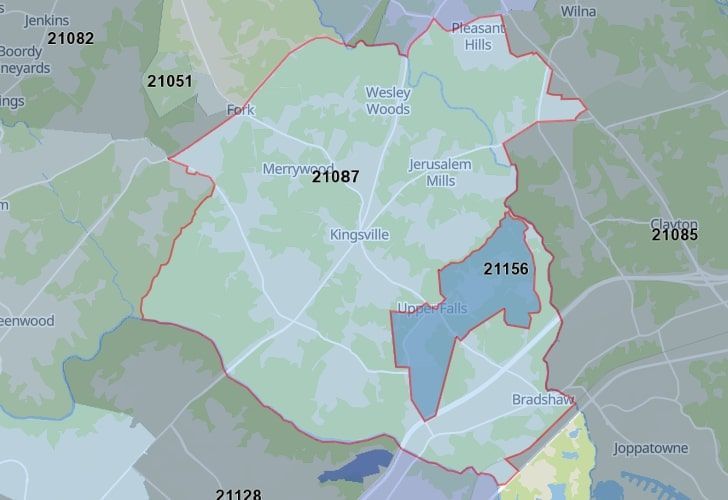 Focused Map View On Kingsville, MD, Featuring Zip Code 21087.