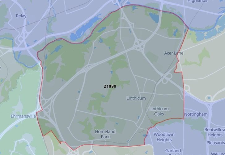 Focused Map View On Lansdowne, MD, Featuring Zip Code 21090.