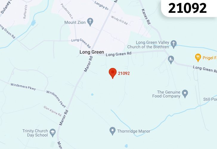Focused Map View On Long Green, MD, Featuring Zip Code 21092.
