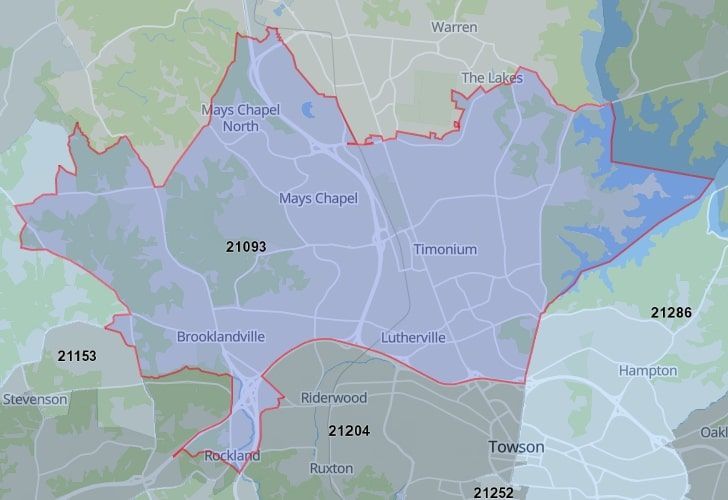 Focused Map View On Mays Chapel, MD, Featuring Zip Code 21093.
