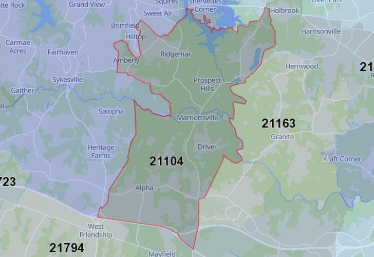 Marriottsville, Carroll County, MD, Map Featuring 21104 Area Code.