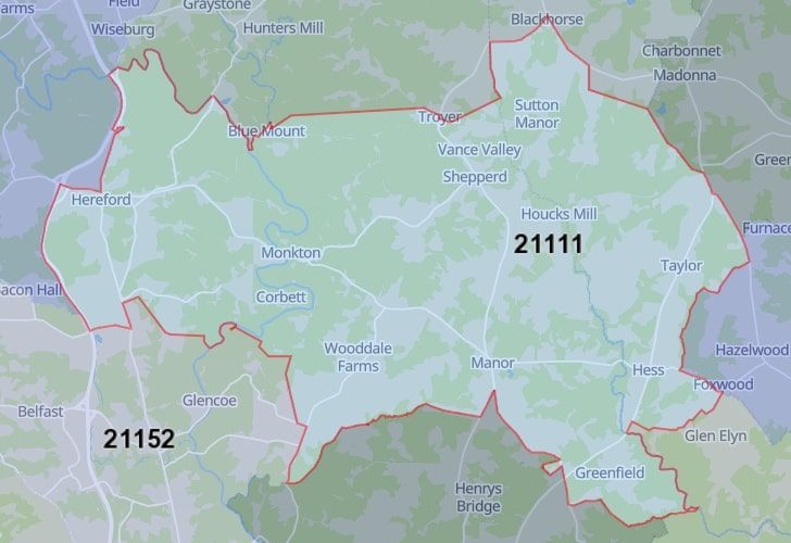 Focused Map View On Monkton, MD, Featuring Zip Code 21111.