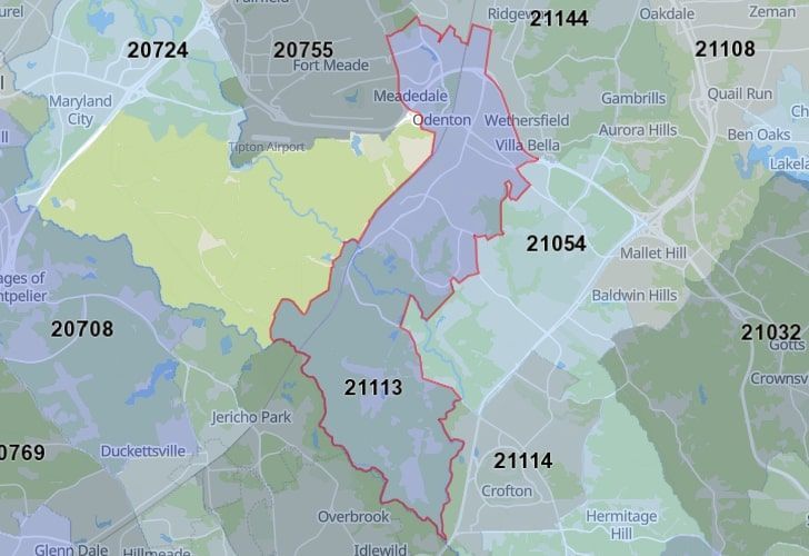 Odenton, Maryland Map With A Central Spotlight On 21113 Zip.