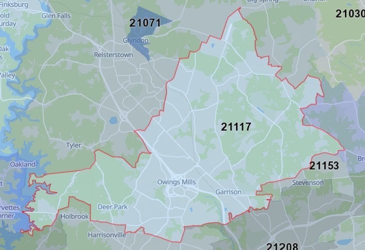 Focused Map View On Garrison, MD, Featuring Zip Code 21117.