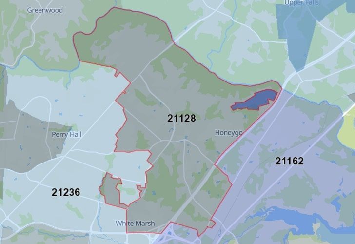 Focused Map View On Perry Hall, MD, Featuring Zip Code 21128.