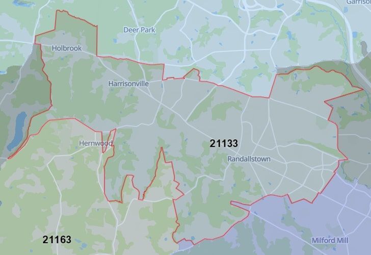 Focused Map View On Milford Mill, MD, Featuring Zip Code 21133.