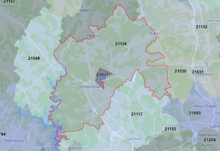 Reisterstown, Carroll County, MD, Map Featuring 21136 Area Code.