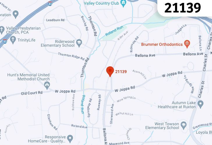 Focused Map View On Towson, MD, Featuring Zip Code 21139.