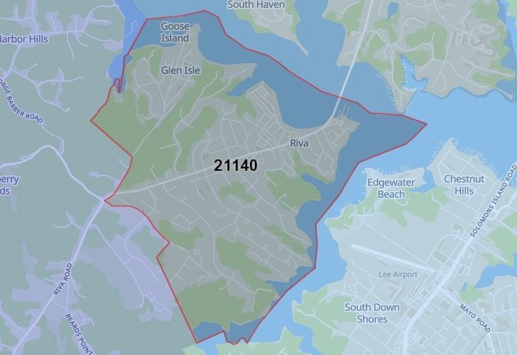 Riva, Maryland Map With A Central Spotlight On 21140 Zip.