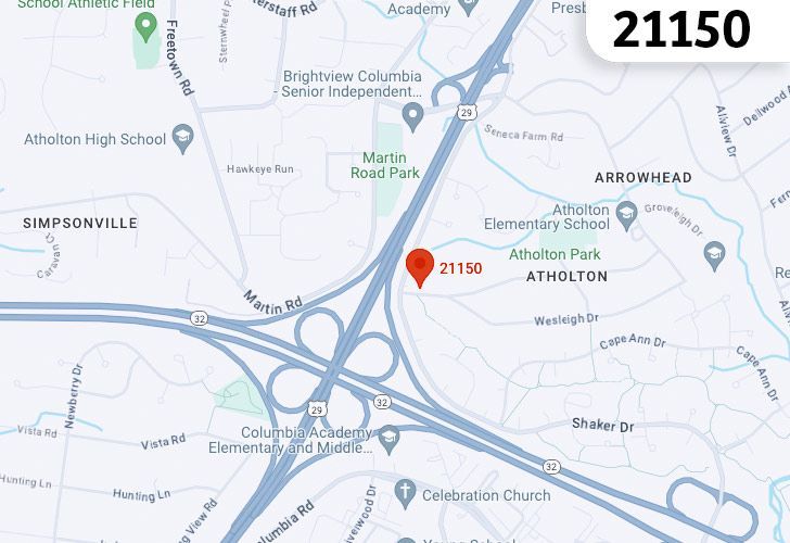 A Map Of Columbia, Howard County, MD, Highlighting The 21150 Zip Code.