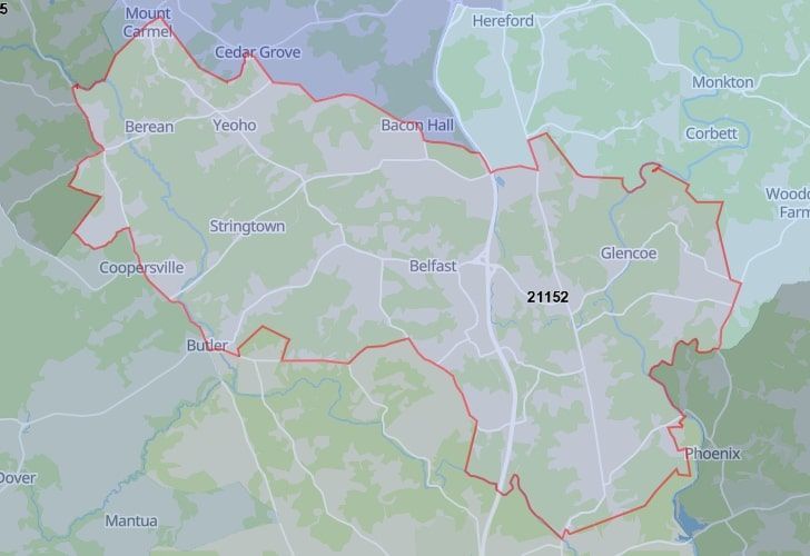 Focused Map View On Glencoe, MD, Featuring Zip Code 21152.