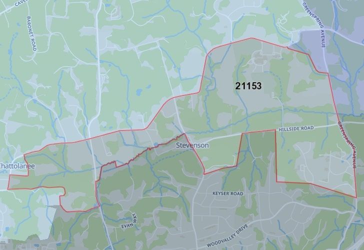 Focused Map View On Stevenson, MD, Featuring Zip Code 21153.