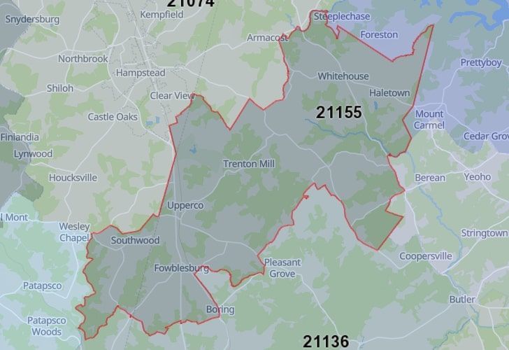 Focused Map View On Boring, MD, Featuring Zip Code 21155.