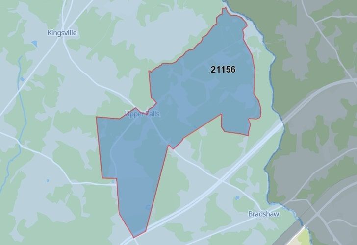 Focused Map View On Kingsville, MD, Featuring Zip Code 21156.