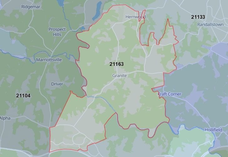 Eldersburg, Carroll County, MD, Map Featuring 21163 Area Code.