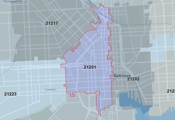 Focused Map View On Baltimore, MD, Featuring Zip Code 21201.