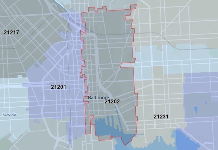 Focused Map View On Baltimore, MD, Featuring Zip Code 21202.