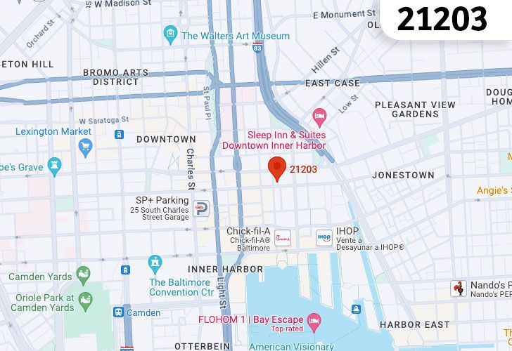 Focused Map View On Baltimore, MD, Featuring Zip Code 21203.