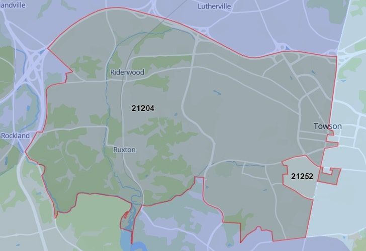 Focused Map View On Towson, MD, Featuring Zip Code 21204.