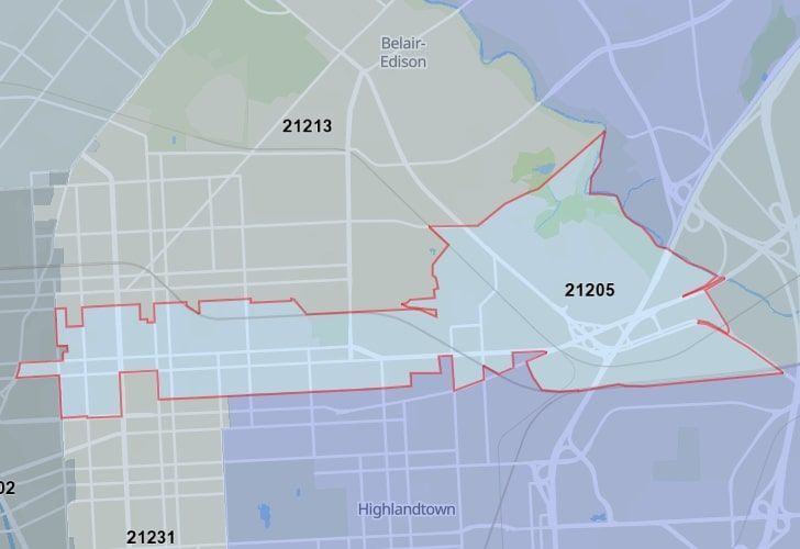 Focused Map View On Baltimore, MD, Featuring Zip Code 21205.
