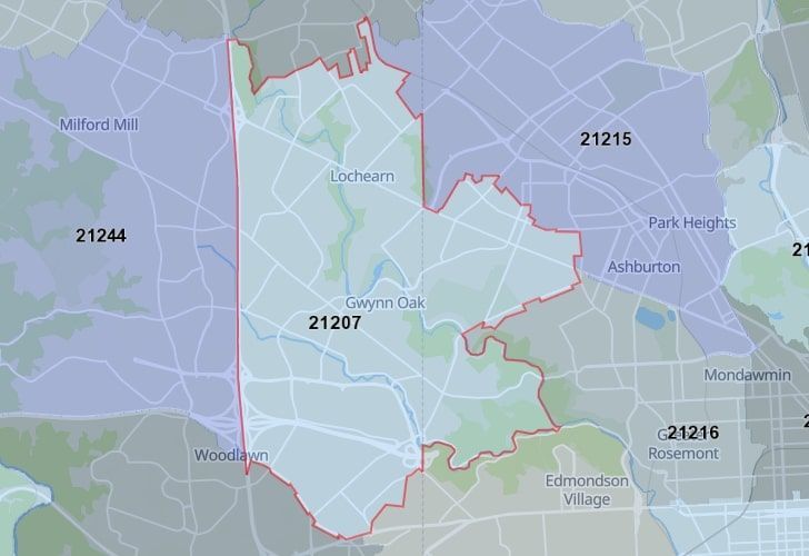 Focused Map View On Lochearn, MD, Featuring Zip Code 21207.